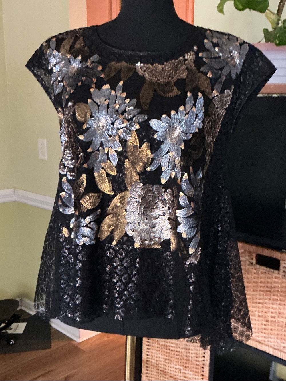 Anna Sui Black Lace Tunic with Gold & Silver Sequin Floral Embellishment